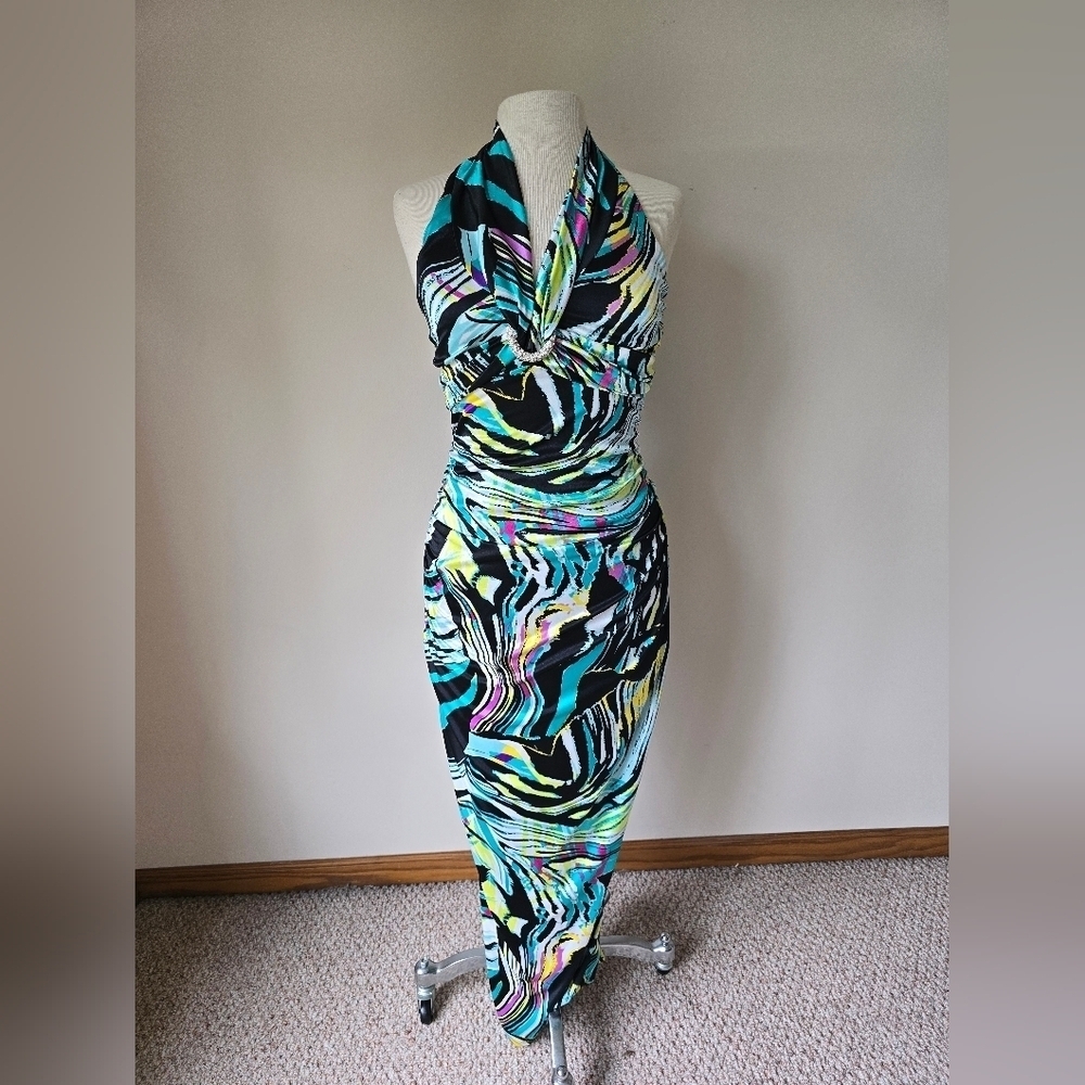 Vintage Y2K MyMichelle Ruched Halter Maxi Formal Dress Womens Size S.